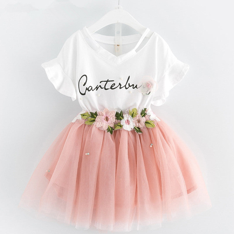 Little Princess World Butterfly Letter T-shirt and Floral Voile Dress