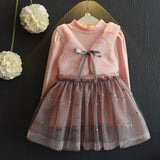 Little Princess World Girl Mesh Dress 2018 New Spring Dresses Children Clothing Princess Dress PinkWool Bow Design 2-8 Years Girl Clothes Dress